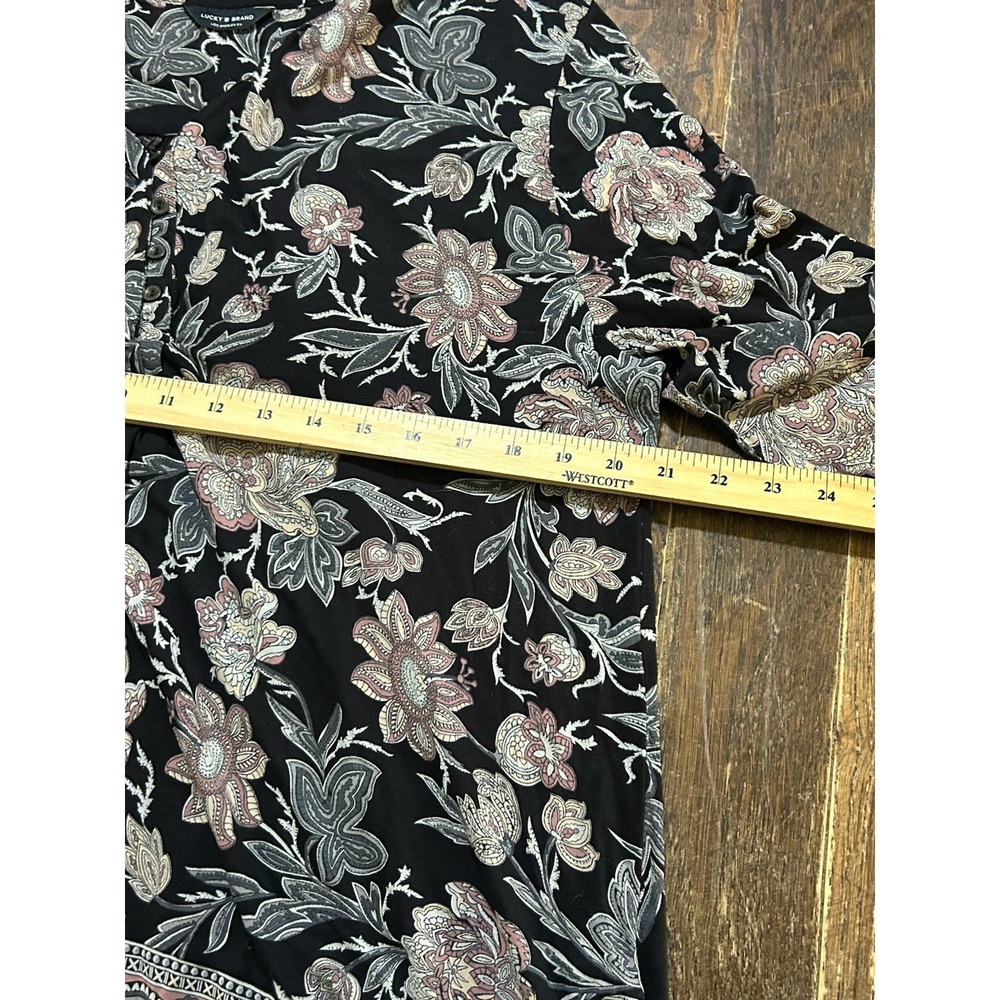 Lucky Brand Top Womens 1X Black Floral 3/4 Sleeve Peasant Boho Tunic Blouse - Picture 2 of 5